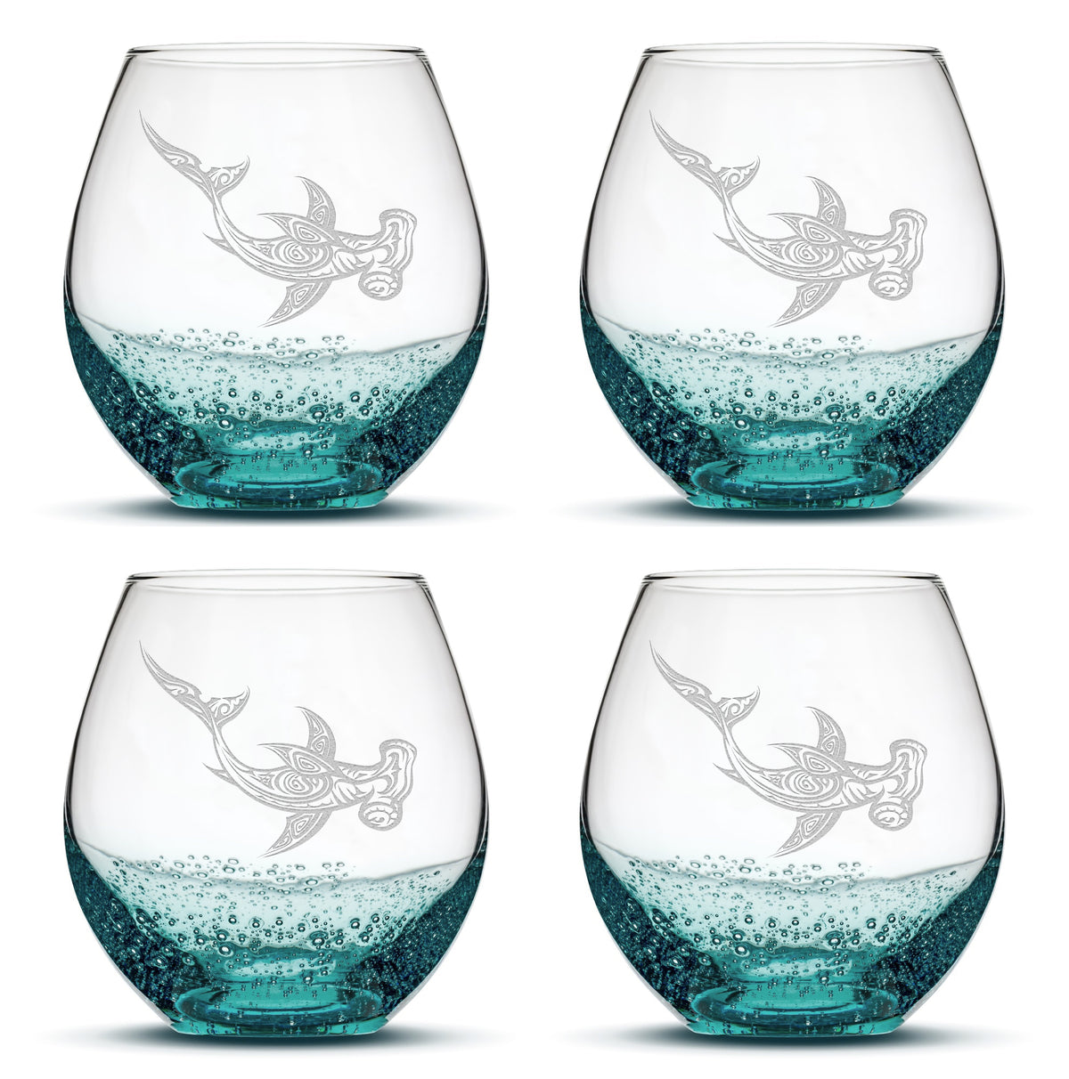 Bubble Wine Glasses with Tribal Hammerhead Shark, Set of 4, Laser Etched or Hand Etched