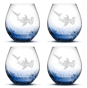 Crackle Wine Glasses with Tribal Hammerhead Shark, Set of 4, Laser Etched or Hand Etched