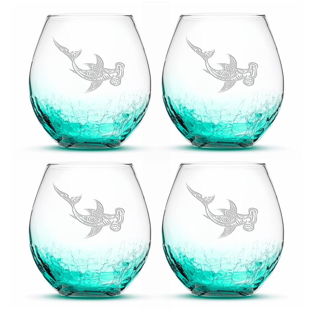 Crackle Wine Glasses with Tribal Hammerhead Shark, Set of 4, Laser Etched or Hand Etched