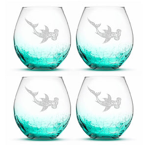 Crackle Wine Glasses with Tribal Hammerhead Shark, Set of 4, Hand Etched
