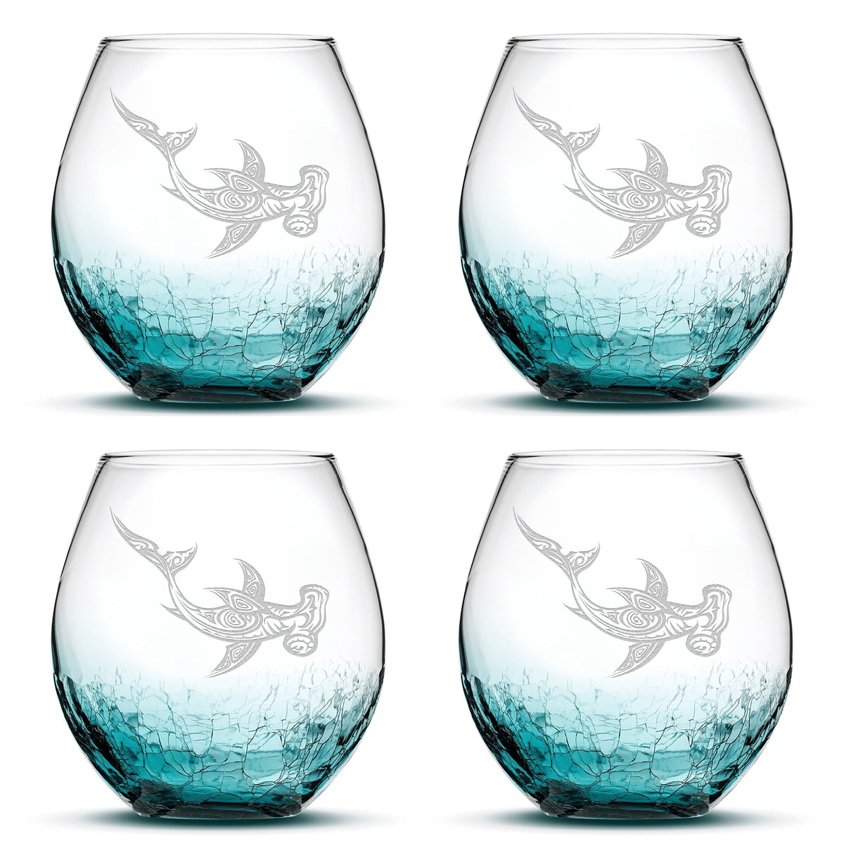 Crackle Wine Glasses with Tribal Hammerhead Shark, Set of 4, Laser Etched or Hand Etched