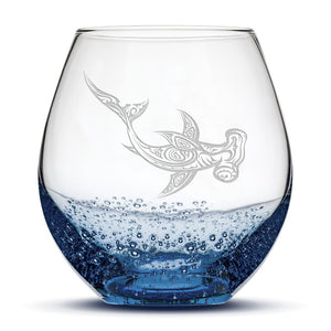 Bubble Wine Glass, Hammerhead Shark Design, 18oz, Hand Etched