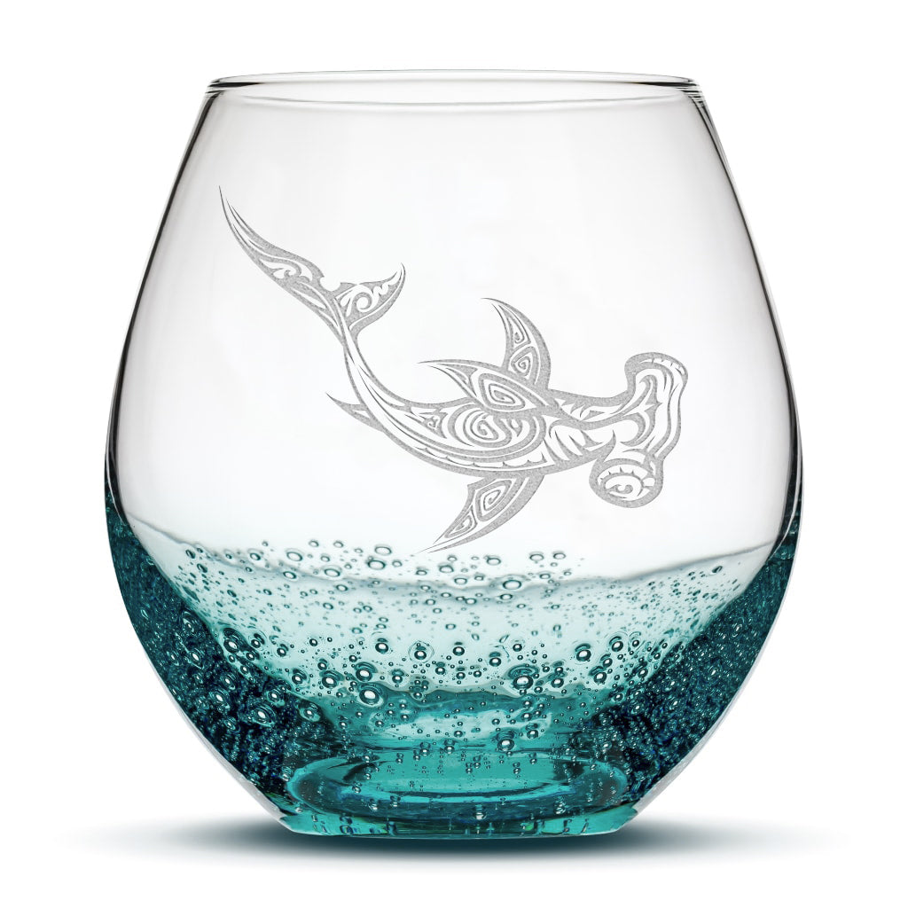Bubble Wine Glass, Hammerhead Shark Design, 18oz, Laser Etched or Hand Etched