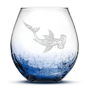 Crackle Wine Glass, Hammerhead Shark Design, Laser Etched or Hand Etched, 18oz