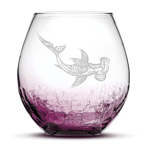 Crackle Wine Glass, Hammerhead Shark Design, Hand Etched, 18oz