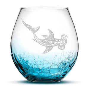 Less Than Perfect Crackle Wine Glass, Hammerhead Shark Design, Laser Etched or Hand Etched, 18oz
