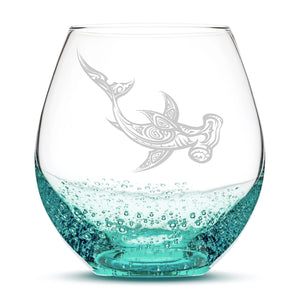 Bubble Wine Glass, Hammerhead Shark Design, 18oz, Hand Etched