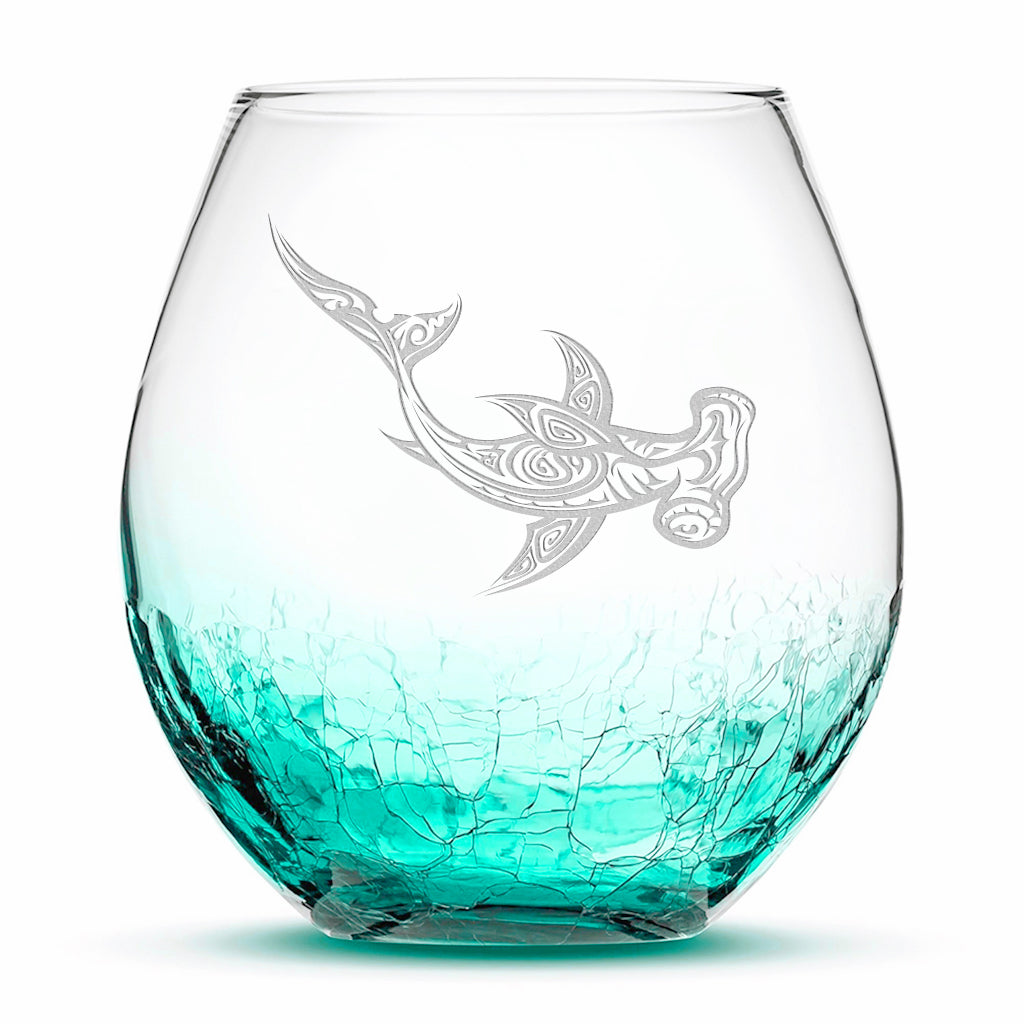 Crackle Wine Glass, Hammerhead Shark Design, Laser Etched or Hand Etched, 18oz