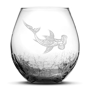 Less Than Perfect Crackle Wine Glass, Hammerhead Shark Design, Hand Etched, 18oz