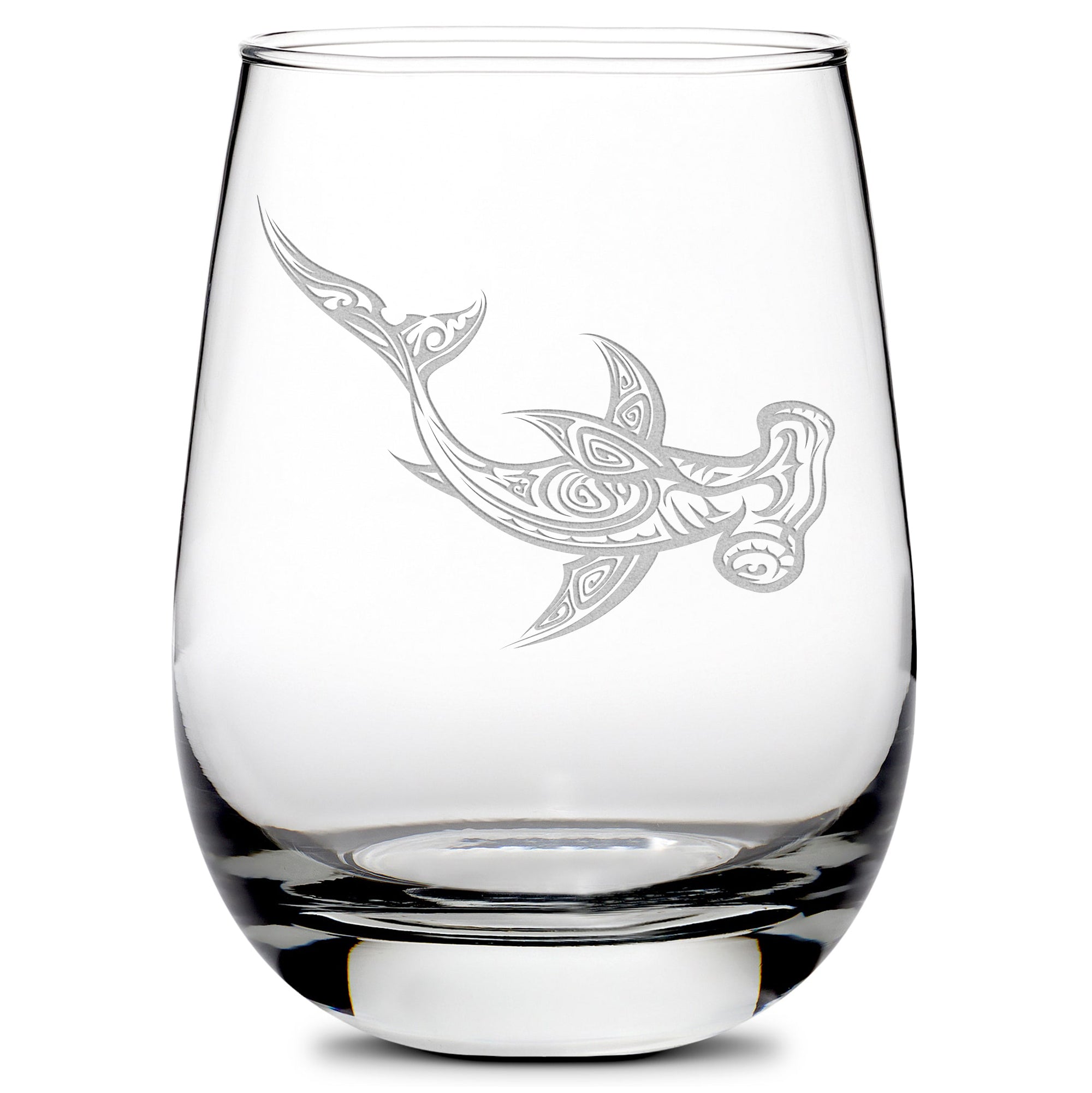 Premium Wine Glass, Hammerhead Shark Design, 16oz, Laser Etched or Hand Etched