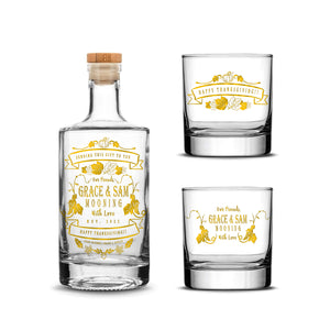Customizable Happy Thanksgiving Jersey Bottle Set with 2 Whiskey Glasses, Laser Etched or Hand Etched