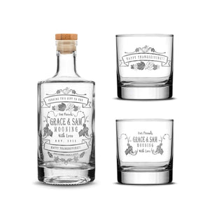 Customizable Happy Thanksgiving Jersey Bottle Set with 2 Whiskey Glasses, Laser Etched or Hand Etched