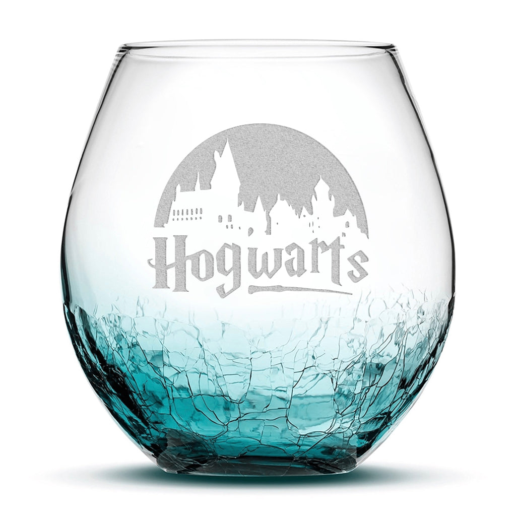 Integrity Bottles, Crackle Wine Glass, Harry Potter, Hogwarts, Laser Etched or Hand Etched, 18oz