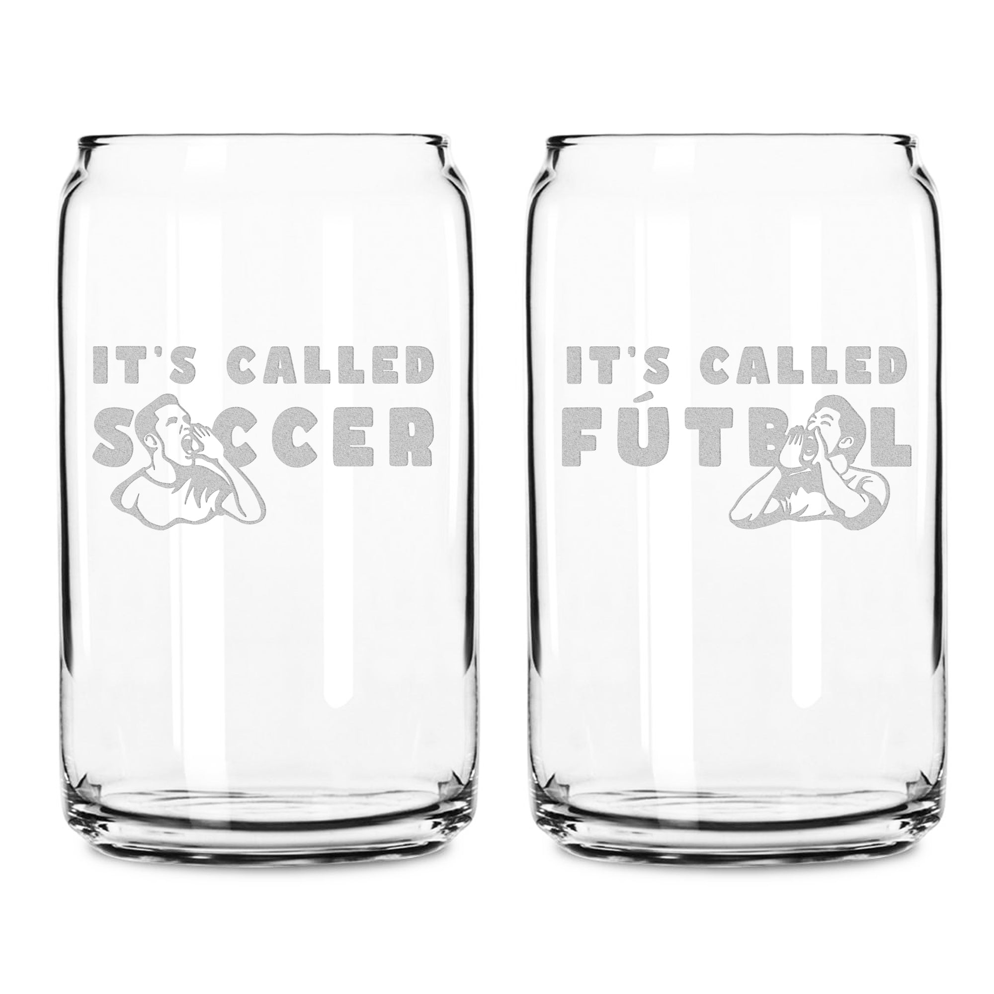 Premium Beer Can Glasses, It's Called Soccer, Set of 2, Laser Etched or Hand Etched