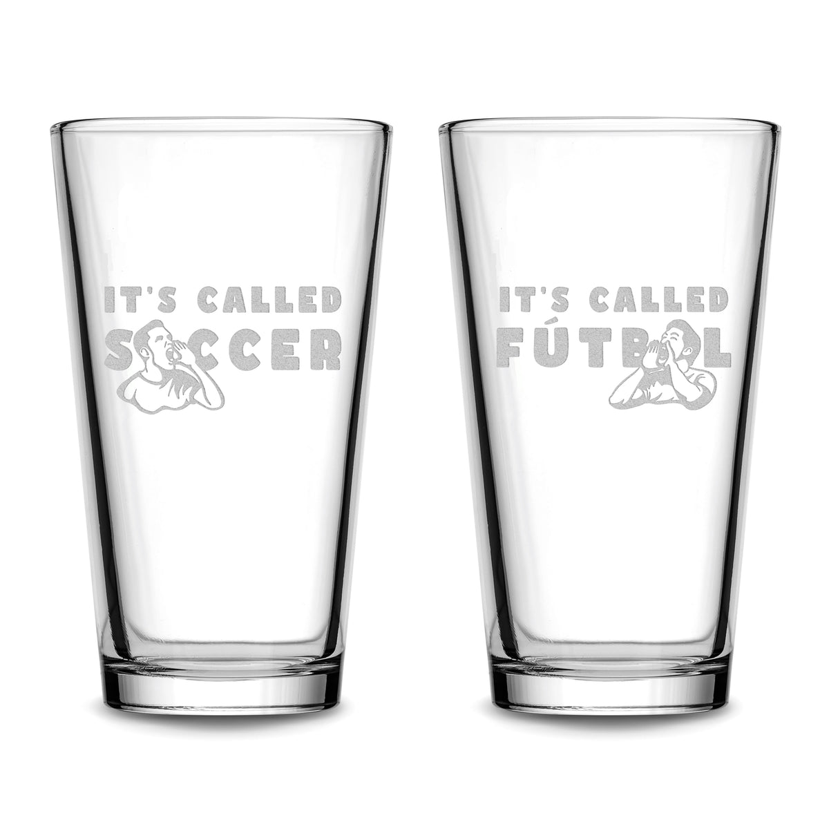 Premium Beer Pint Glasses, It's Called Soccer, Set of 2, Laser Etched or Hand Etched