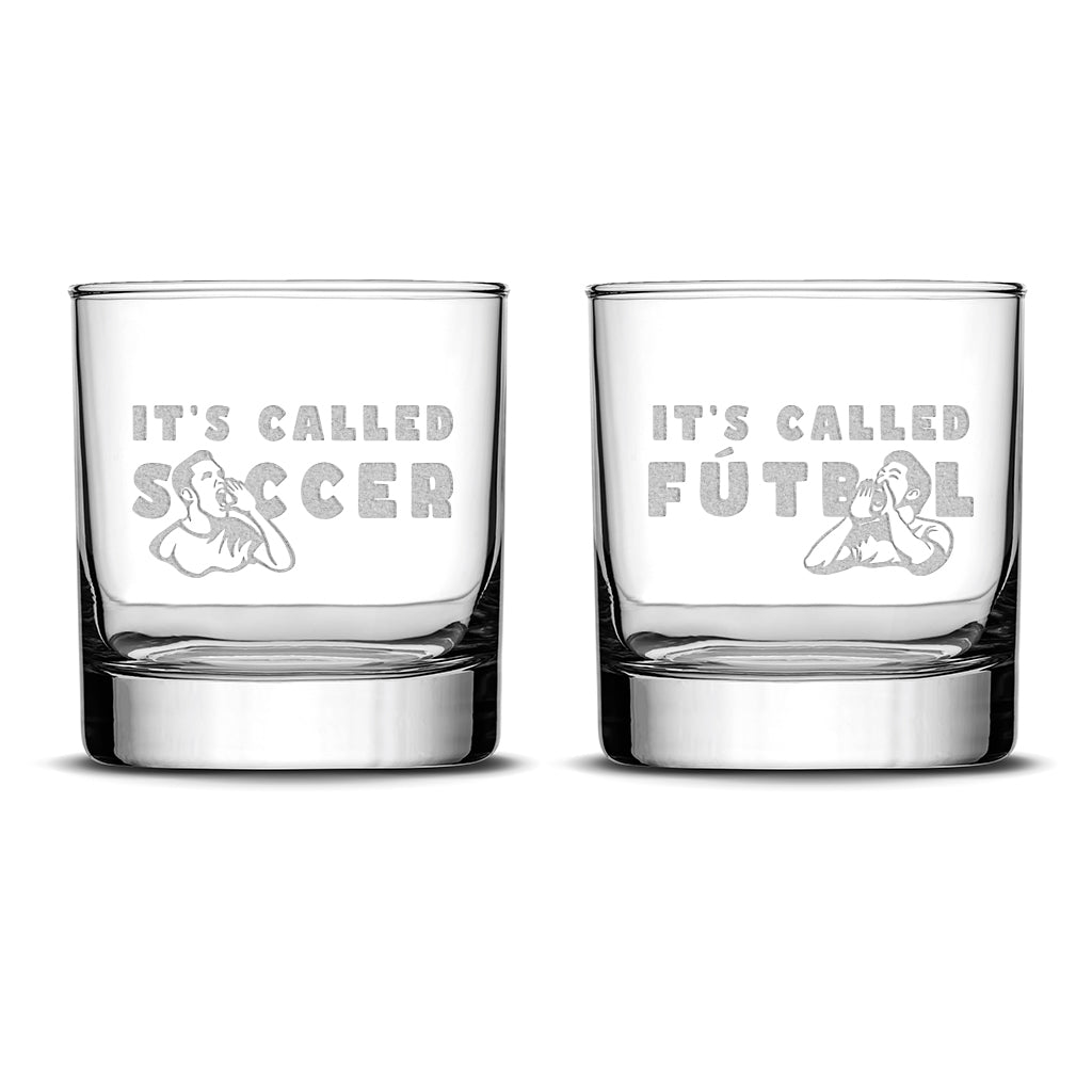 Premium Whiskey Glasses, It's Called Soccer, (Set of 2), Laser Etched or Hand Etched