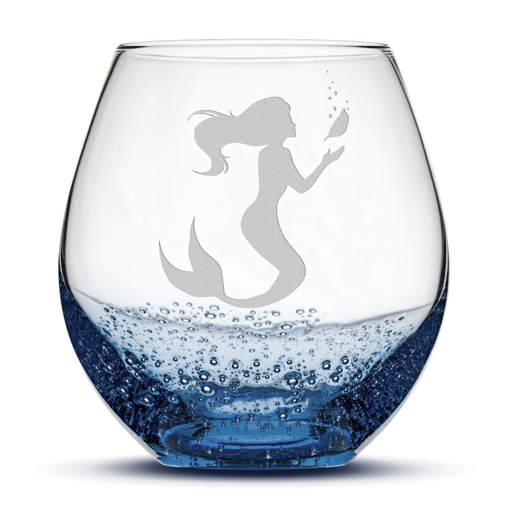 Bubble Wine Glass, Mermaid 1 Design, Laser Etched or Hand Etched, 18oz