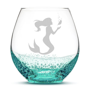 Bubble Wine Glass, Mermaid 1 Design, Hand Etched, 18oz