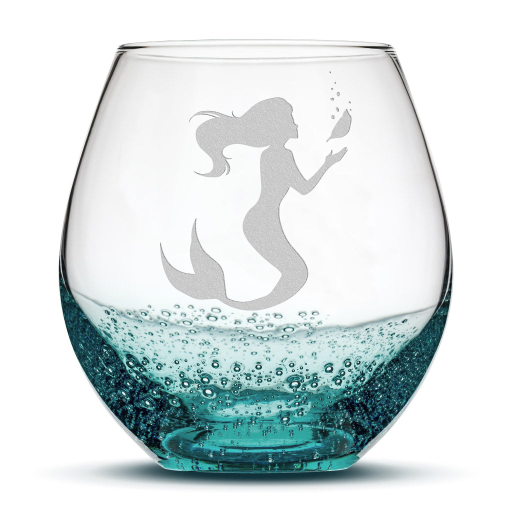 Bubble Wine Glass, Mermaid 1 Design, Laser Etched or Hand Etched, 18oz