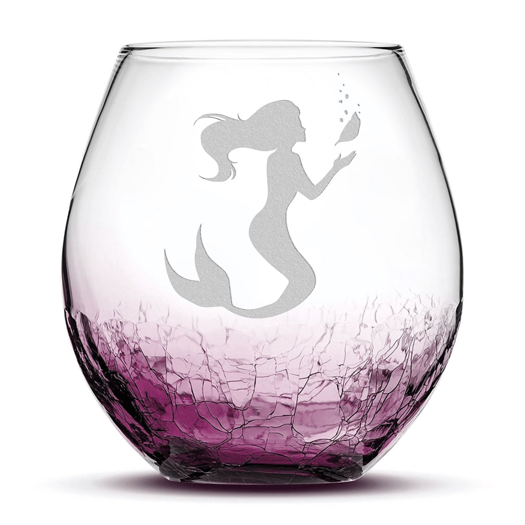 Crackle Wine Glass, Mermaid 1 Design, Laser Etched or Hand Etched, 18oz