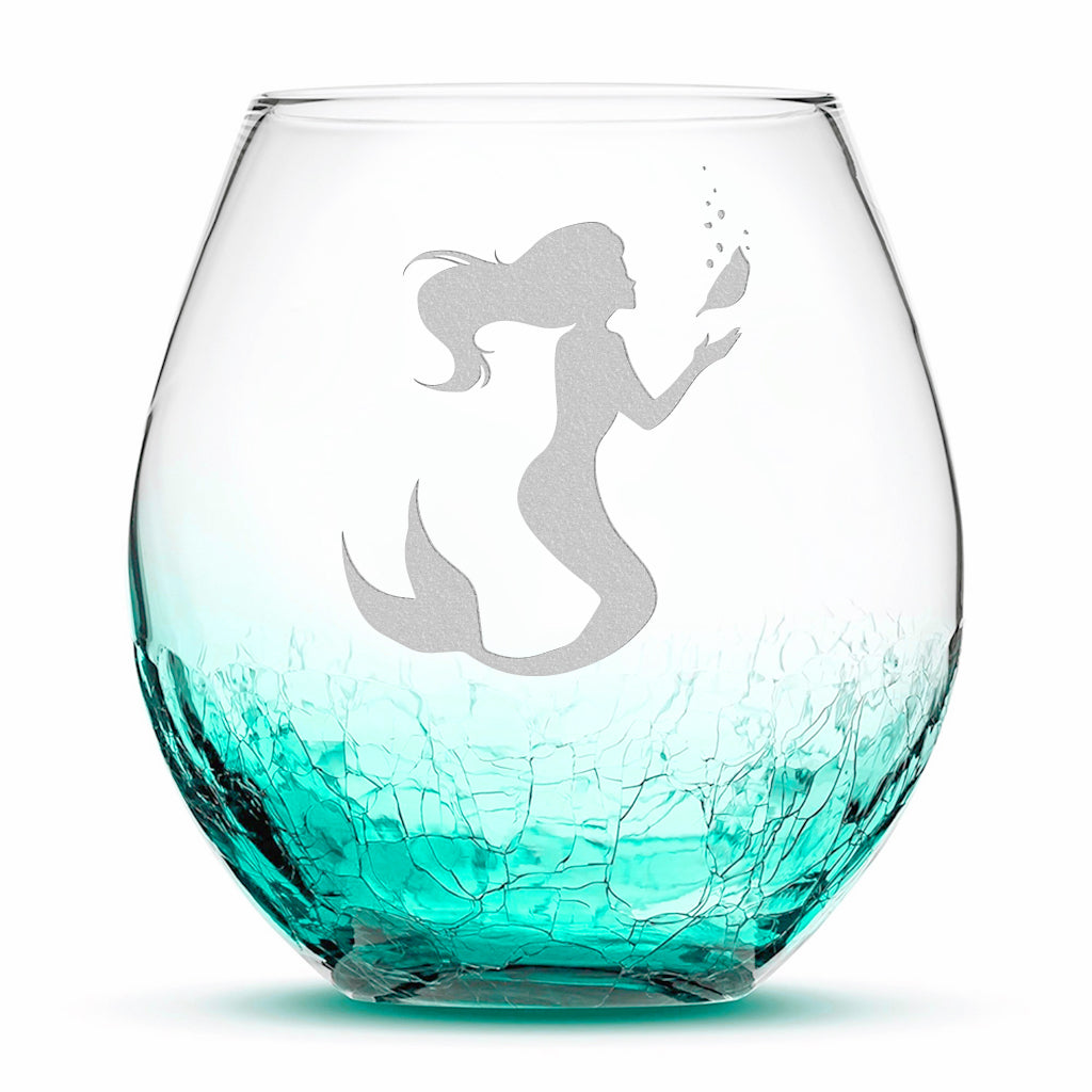 Crackle Wine Glass, Mermaid 1 Design, Laser Etched or Hand Etched, 18oz