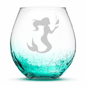 Crackle Wine Glass, Mermaid 1 Design, Hand Etched, 18oz