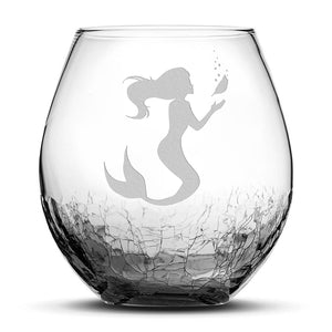 Crackle Wine Glass, Mermaid 1 Design, Laser Etched or Hand Etched, 18oz
