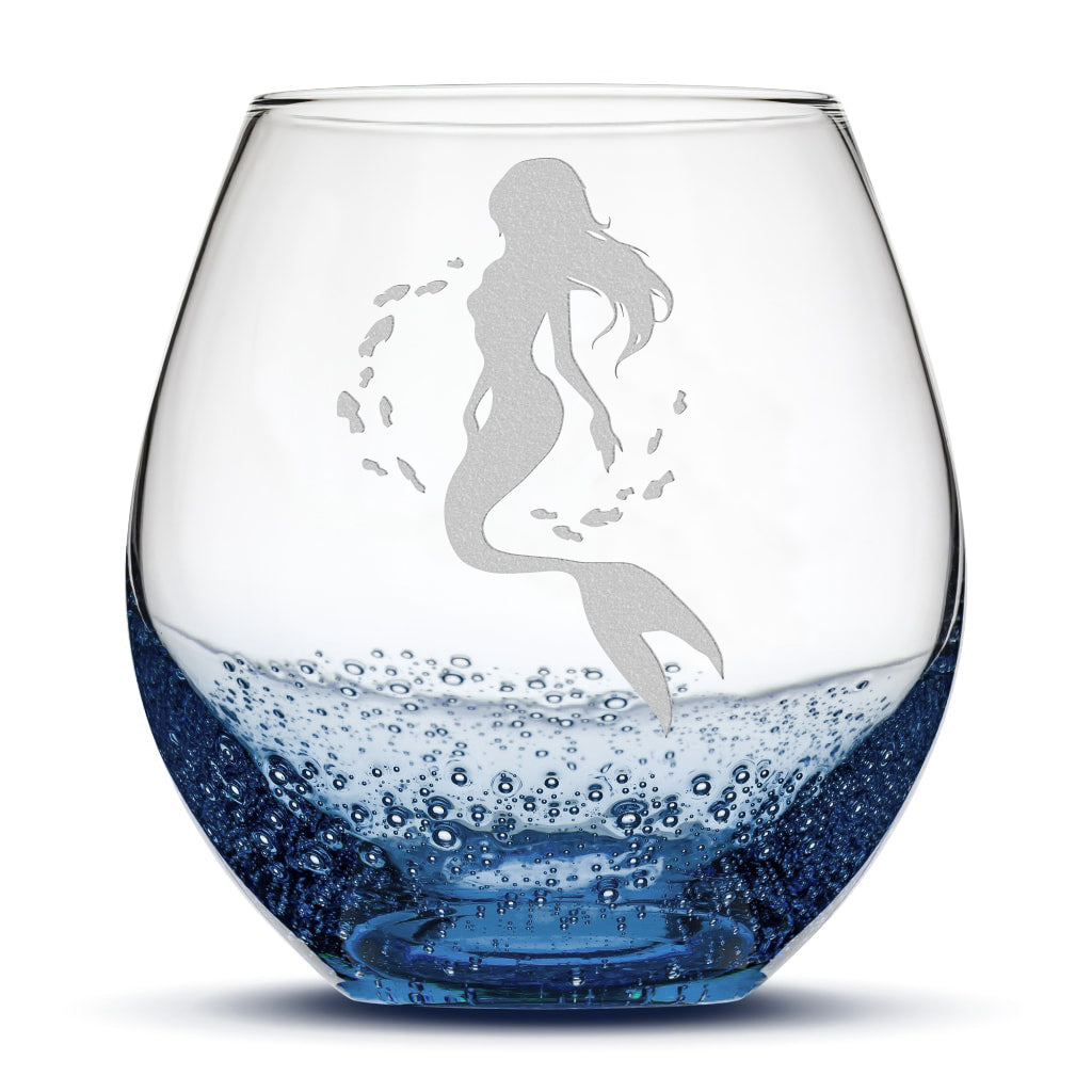 Bubble Wine Glass, Mermaid 2 Design, Laser Etched or Hand Etched, 18oz