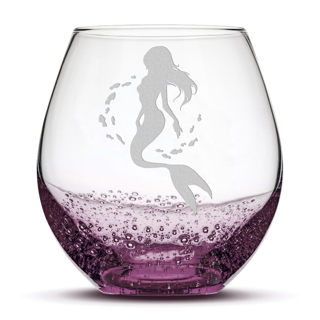 Bubble Wine Glass, Mermaid 2 Design, Laser Etched or Hand Etched, 18oz