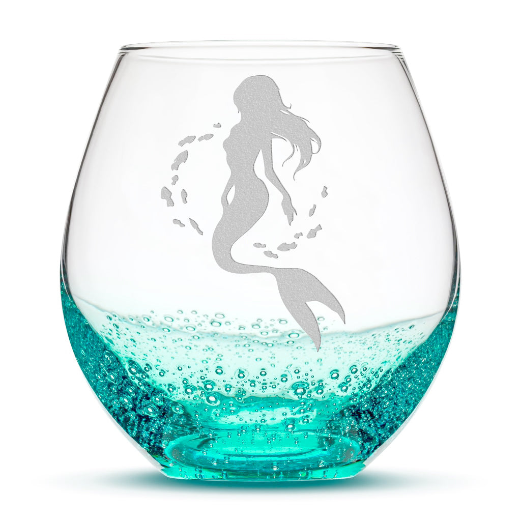 Bubble Wine Glass, Mermaid 2 Design, Hand Etched, 18oz