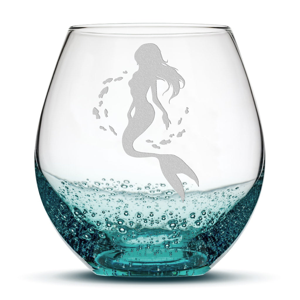 Bubble Wine Glass, Mermaid 2 Design, Laser Etched or Hand Etched, 18oz
