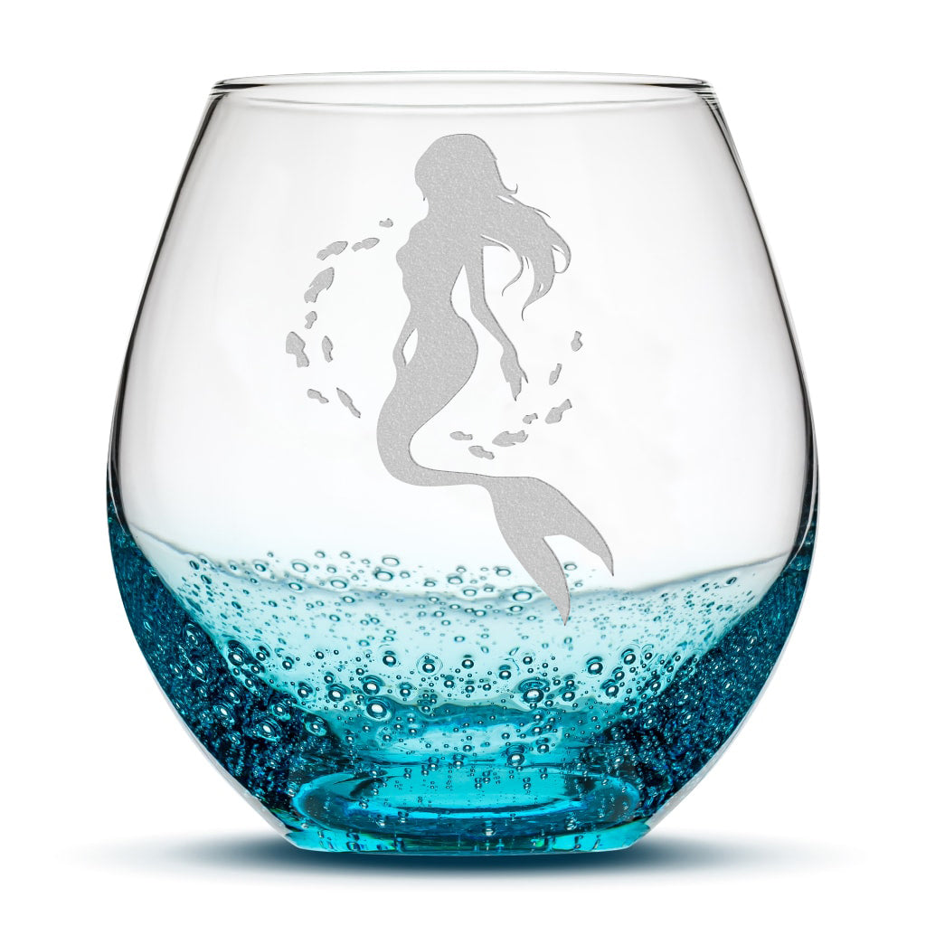 Bubble Wine Glass, Mermaid 2 Design, Laser Etched or Hand Etched, 18oz