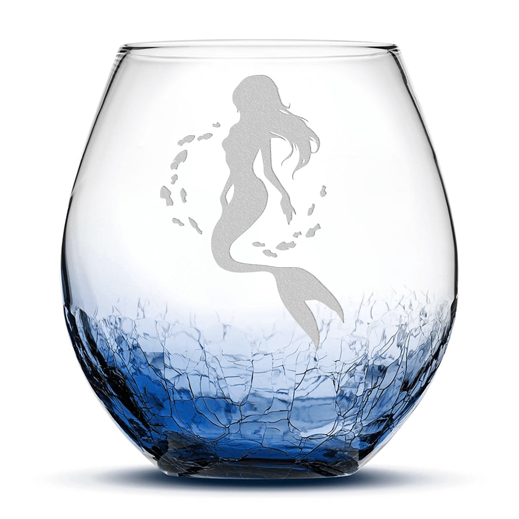 Crackle Wine Glass, Mermaid 2 Design, Laser Etched or Hand Etched, 18oz