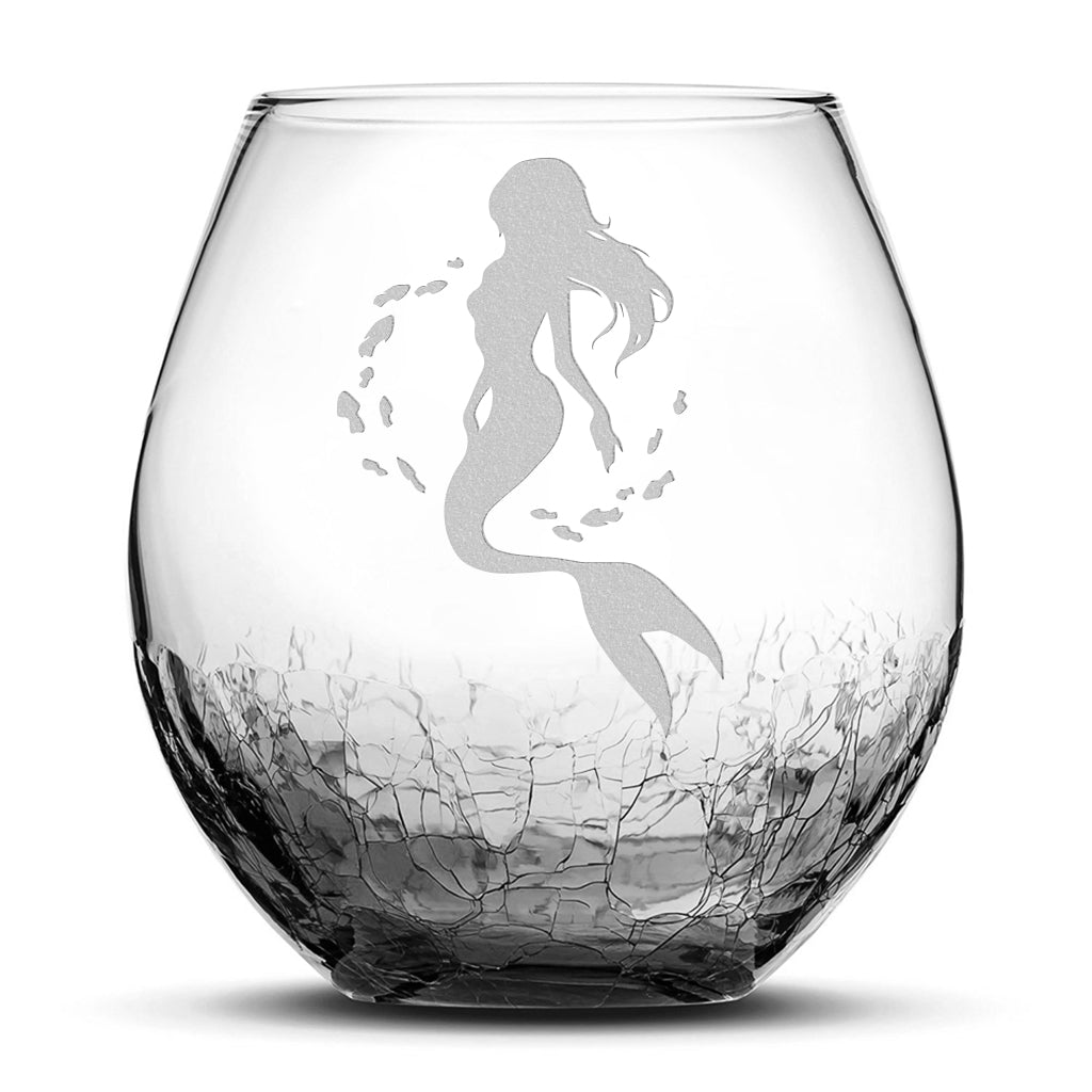 Crackle Wine Glass, Mermaid 2 Design, Laser Etched or Hand Etched, 18oz