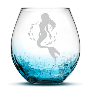 Crackle Wine Glass, Mermaid 2 Design, Hand Etched, 18oz