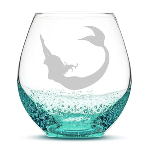 Bubble Wine Glass, Mermaid 3 Design, Hand Etched, 18oz