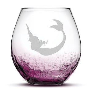 Crackle Wine Glass, Mermaid 3 Design, Laser Etched or Hand Etched, 18oz