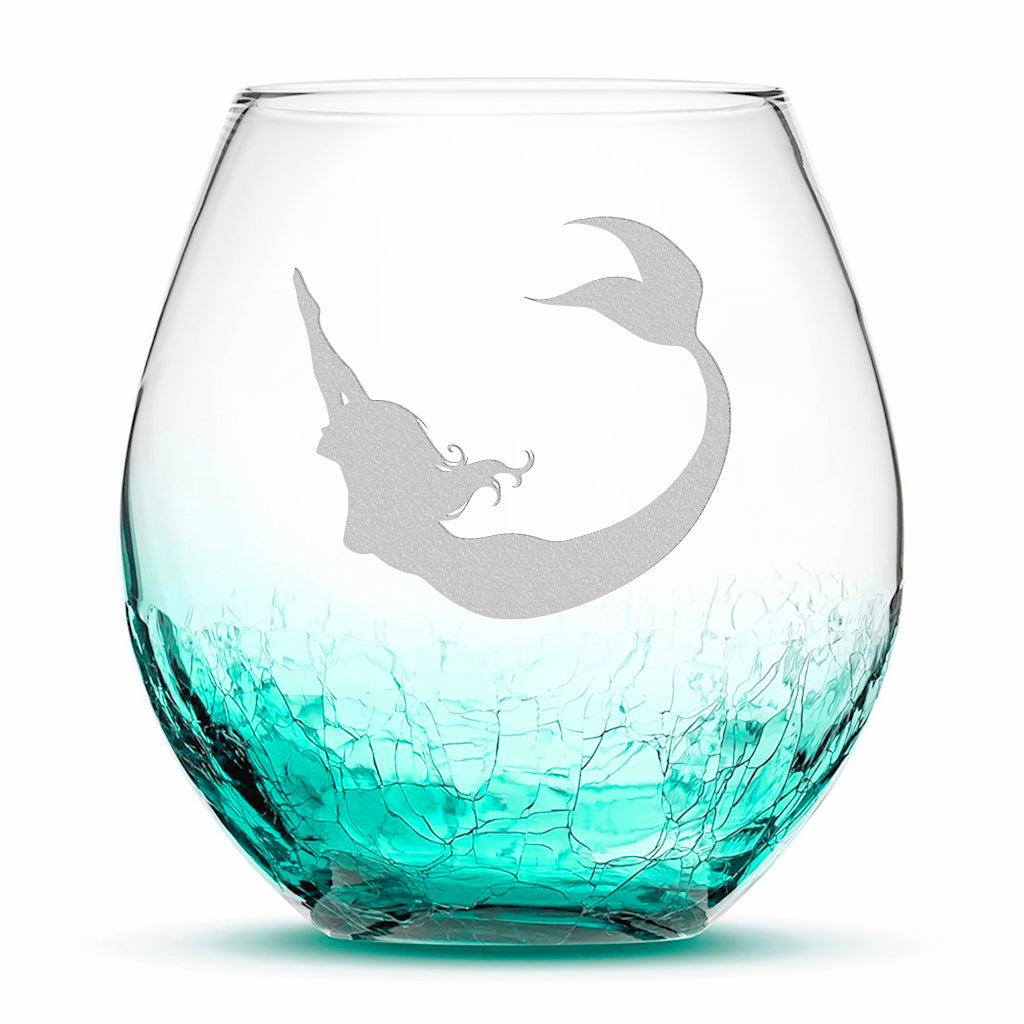 Crackle Wine Glass, Mermaid 3 Design, Laser Etched or Hand Etched, 18oz