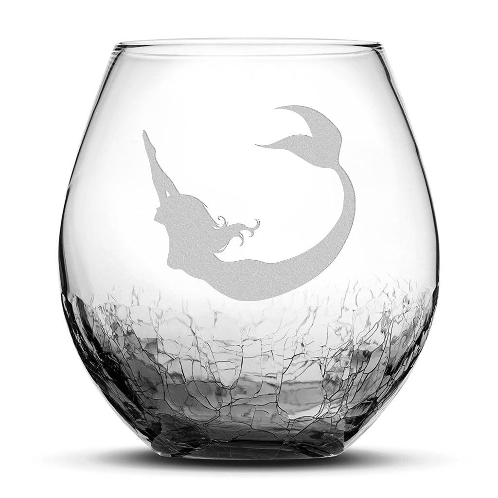 Crackle Wine Glass, Mermaid 3 Design, Laser Etched or Hand Etched, 18oz
