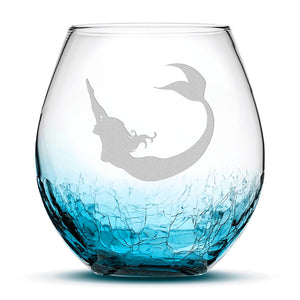 Crackle Wine Glass, Mermaid 3 Design, Laser Etched or Hand Etched, 18oz