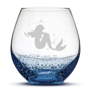 Bubble Wine Glass, Mermaid 4 Design, Hand Etched, 18oz