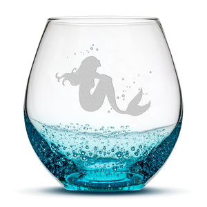 Bubble Wine Glass, Mermaid 4 Design, Laser Etched or Hand Etched, 18oz