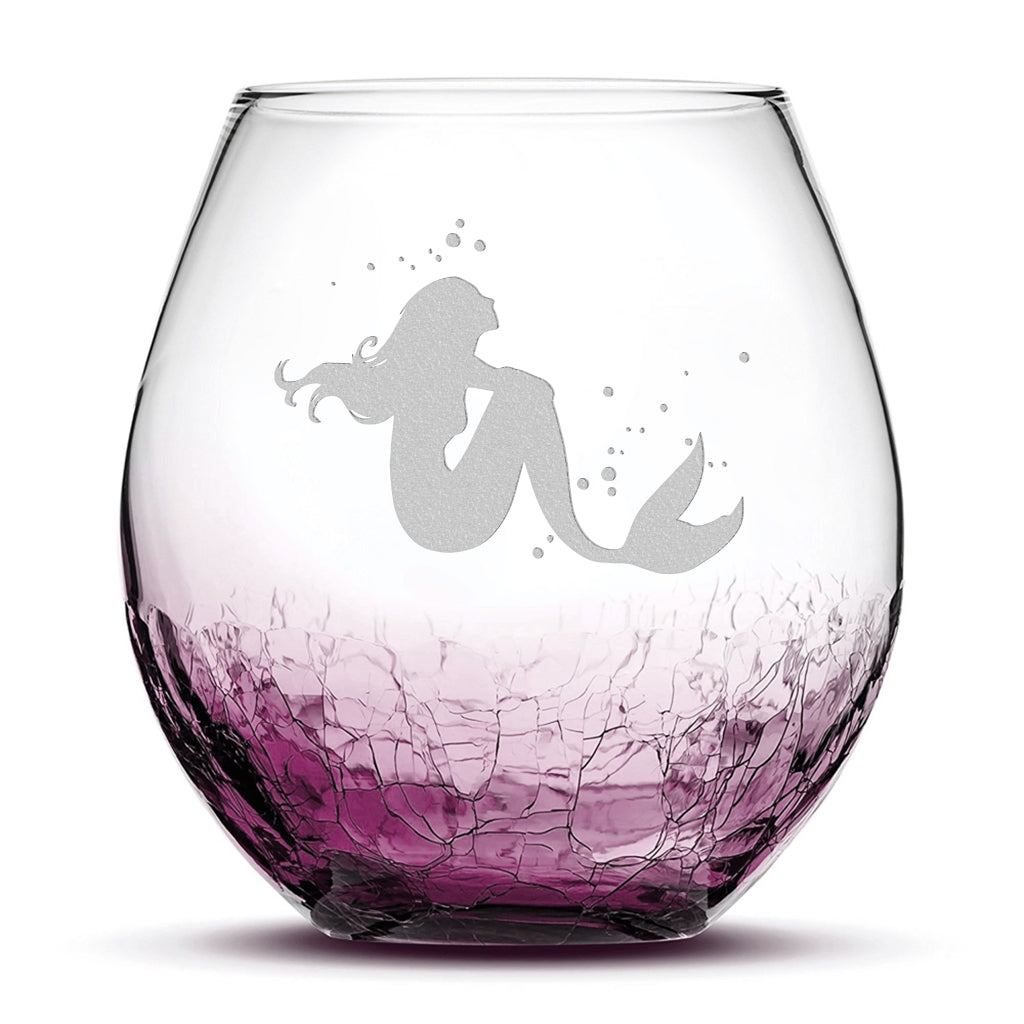 Crackle Wine Glass, Mermaid 4, Laser Etched or Hand Etched, 18oz