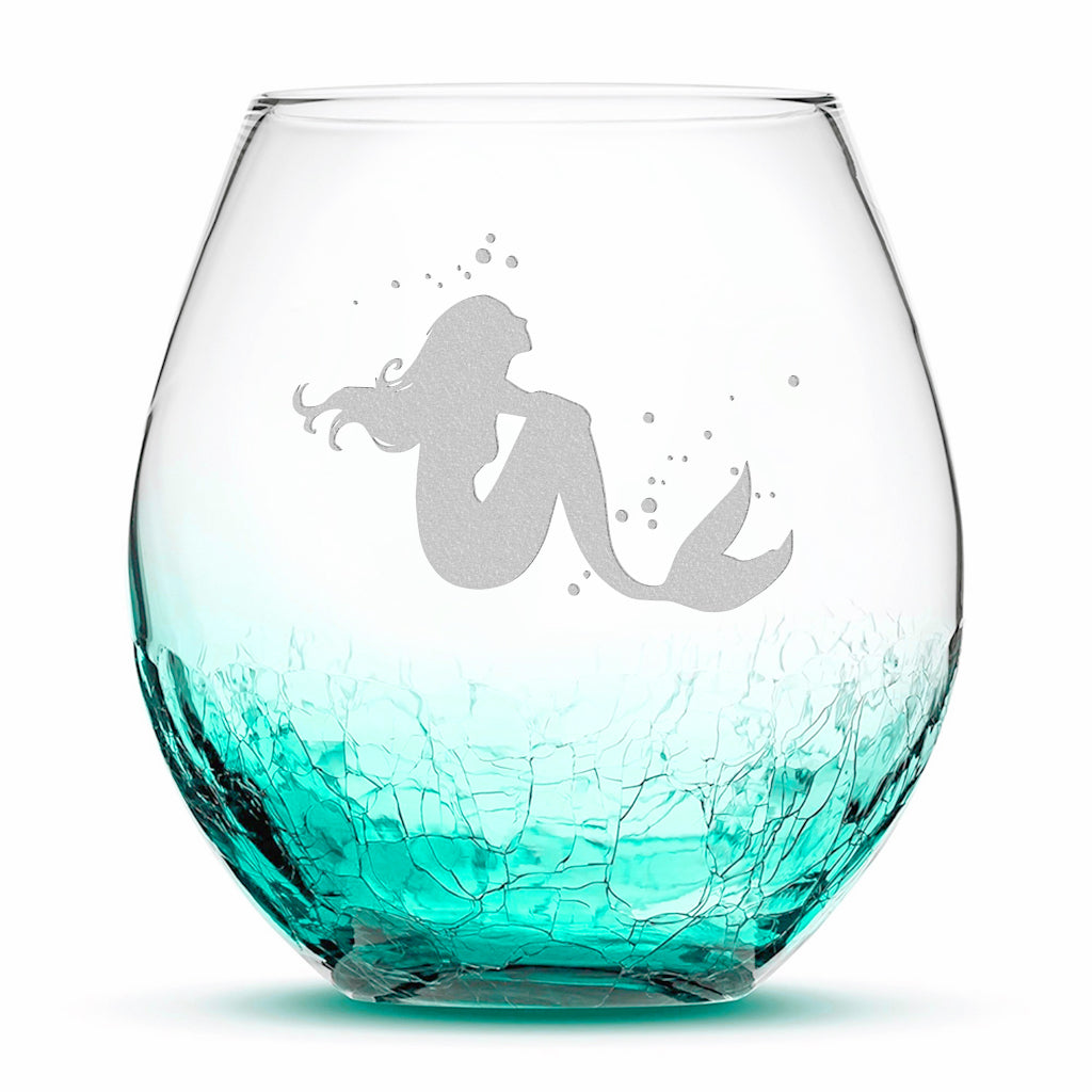 Crackle Wine Glass, Mermaid 4, Laser Etched or Hand Etched, 18oz