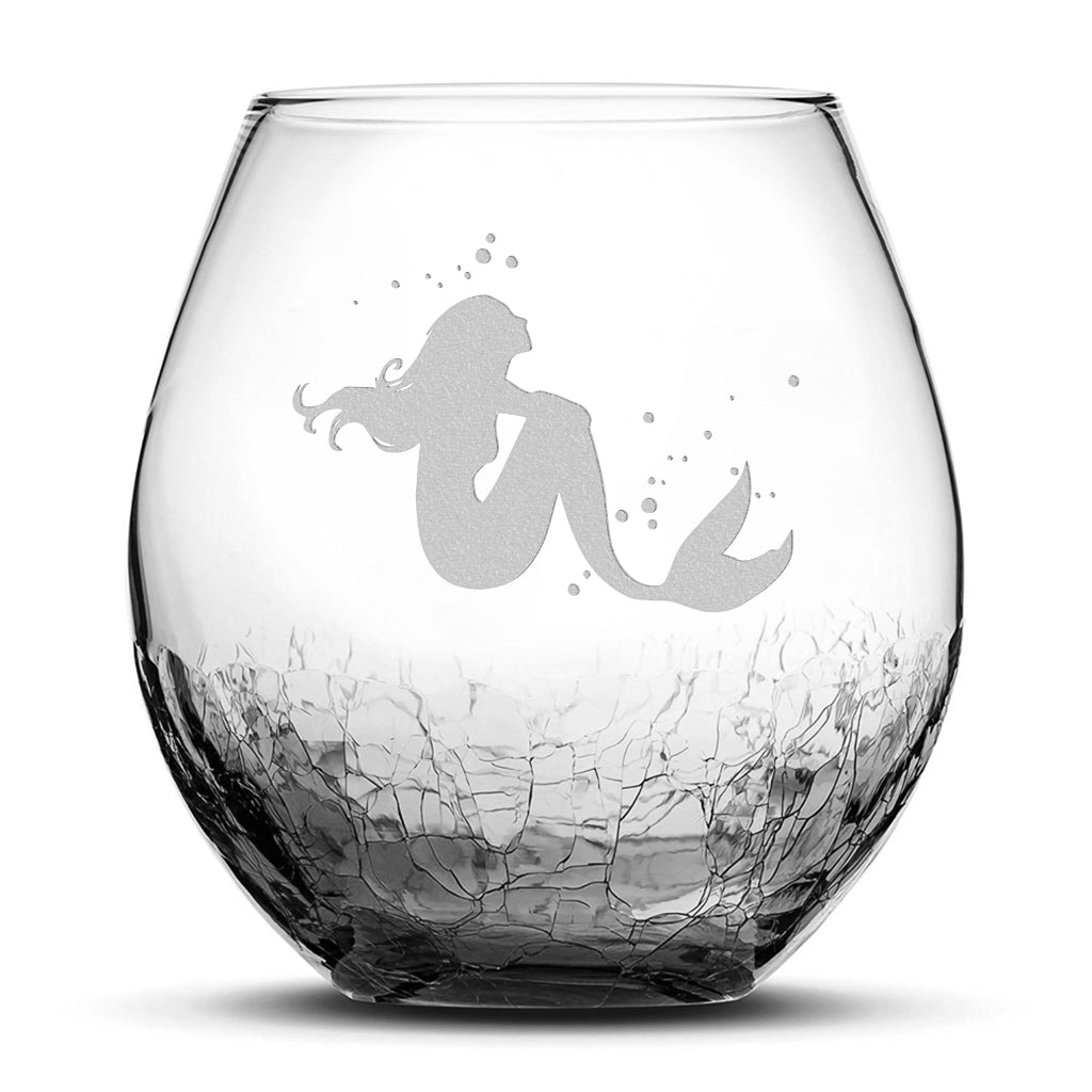 Crackle Wine Glass, Mermaid 4, Laser Etched or Hand Etched, 18oz