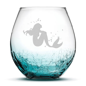 Crackle Wine Glass, Mermaid 4, Laser Etched or Hand Etched, 18oz