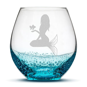 Bubble Wine Glass, Mermaid 5 Design, Laser Etched or Hand Etched, 18oz