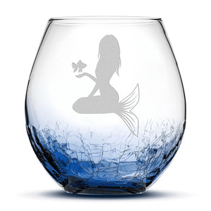 Crackle Wine Glass, Mermaid 5 Design, Laser Etched or Hand Etched, 18oz