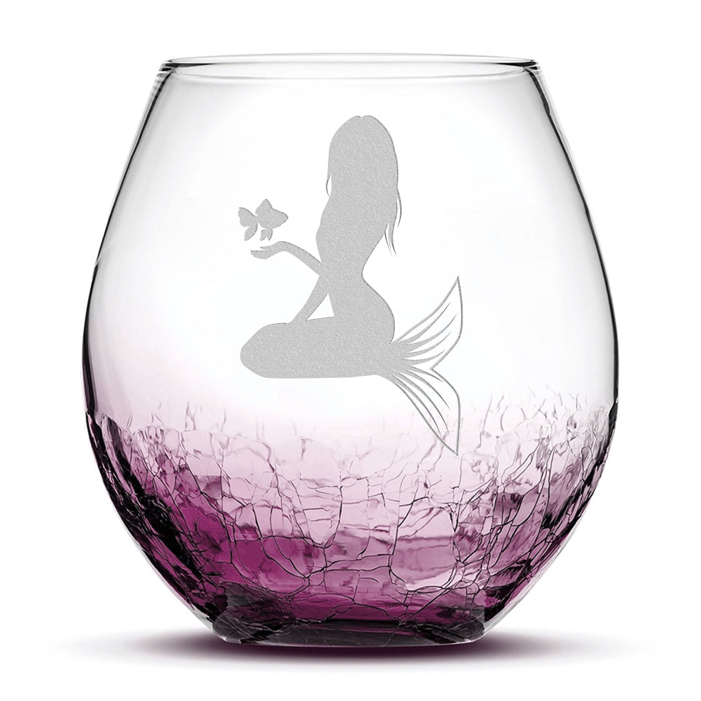 Crackle Wine Glass, Mermaid 5 Design, Laser Etched or Hand Etched, 18oz