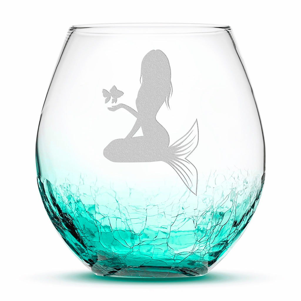 Crackle Wine Glass, Mermaid 5 Design, Laser Etched or Hand Etched, 18oz
